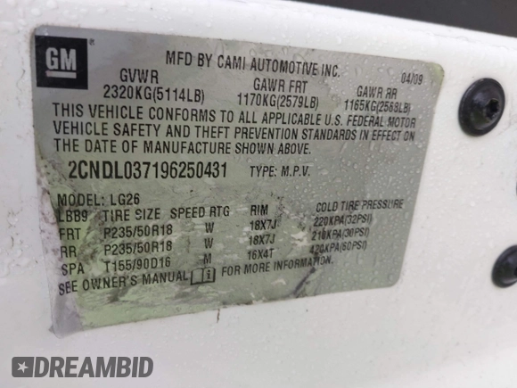2009 Chevrolet Equinox Sport with VIN 2CNDL037196250431, listed as a IAAI auction lot 41486308 with 199,069 mi miles. Bid and sale history available at carsss.com. Image 9.