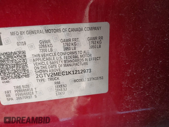 2019 GMC Sierra 1500 SLE z VIN 2GTV2MEC1K1212973, wystawiony jako IAAI lot #41856568 z przebiegiem 32 852 mil mil oraz . Historia ofert i sprzedaży dostępna na DreamBid. Obrazek 9.