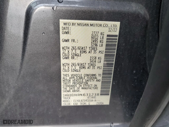 2023 Nissan Frontier SV with VIN 1N6ED1FK4PN631238, listed as a Copart auction lot 43640525 with 26,974 mi miles and Salvage Title. Bid and sale history available at carsss.com. Image 12.
