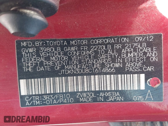 2012 Toyota Prius One z VIN JTDKN3DU8C1614866, wystawiony jako IAAI lot #42393177 z przebiegiem 202 458 mil mil oraz . Historia ofert i sprzedaży dostępna na DreamBid. Obrazek 9.