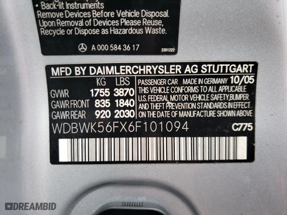 2006 Mercedes-Benz SLK-Class 3.5L with VIN WDBWK56FX6F101094, listed as a Copart auction lot 47838895 with 102,273 mi miles and Salvage Title. Bid and sale history available at carsss.com. Image 14.