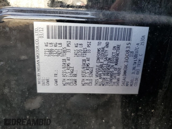 2013 Infiniti JX35 with VIN 5N1AL0MM3DC300835, listed as a Copart auction lot 50700755 with 173,616 mi miles and Salvage Title. Bid and sale history available at DreamBid. Image 15.
