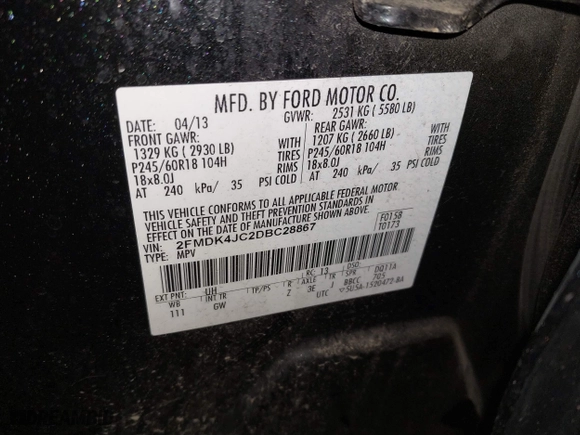 2013 Ford Edge SEL with VIN 2FMDK4JC2DBC28867, listed as a IAAI auction lot 41770150 with 94,288 mi miles. Bid and sale history available at carsss.com. Image 9.