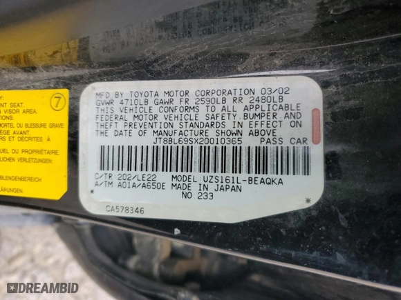 2002 Lexus GS 430 with VIN JT8BL69SX20010365, listed as a Copart auction lot 82927184 with 265,564 mi miles and Salvage Title. Bid and sale history available at carsss.com. Image 12.