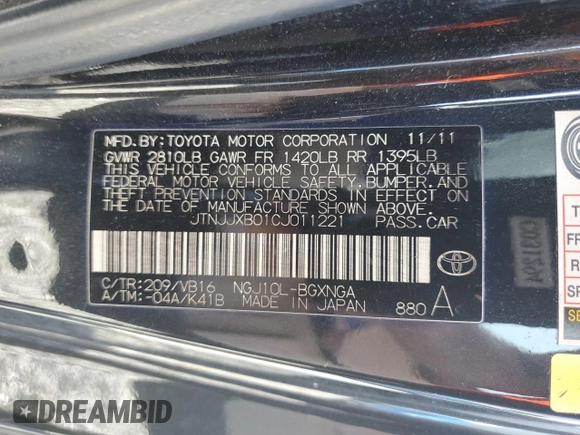 2012 Scion iQ z VIN JTNJJXB01CJ011221, wystawiony jako Copart lot #54149515 z przebiegiem 162 199 mil mil oraz Szkoda całkowita • Salvage title. Historia ofert i sprzedaży dostępna na DreamBid. Obrazek 14.