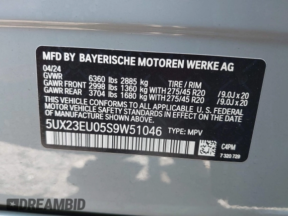 2025 BMW X5 xDrive40i with VIN 5UX23EU05S9W51046, listed as a IAAI auction lot 41732241 with 2,900 mi miles. Bid and sale history available at carsss.com. Image 9.