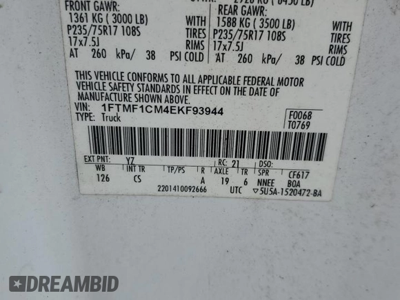 2014 Ford F-150 XL with VIN 1FTMF1CM4EKF93944, listed as a Copart auction lot 56113445 with 153,263 mi miles and Salvage title. Bid and sale history available at DreamBid. Image 12.