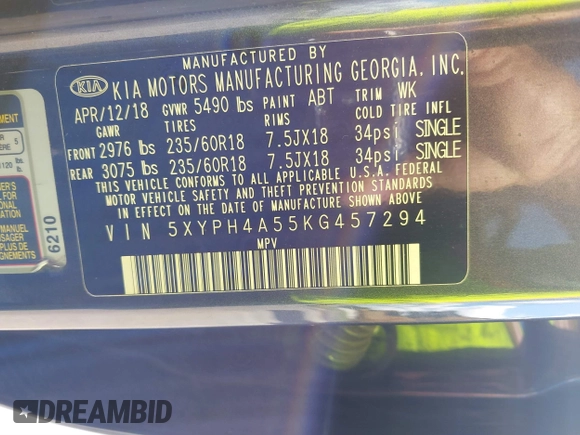 2019 Kia Sorento EX V6 with VIN 5XYPH4A55KG457294, listed as a IAAI auction lot 41641756 with 104,388 mi miles. Bid and sale history available at carsss.com. Image 9.