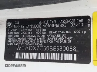 2011 BMW 3 Series 335i with VIN WBADX7C50BE580088, listed as a IAAI auction lot 41309990 with Not Provided miles and . Bid and sale history available at carsss.com. Image 9.