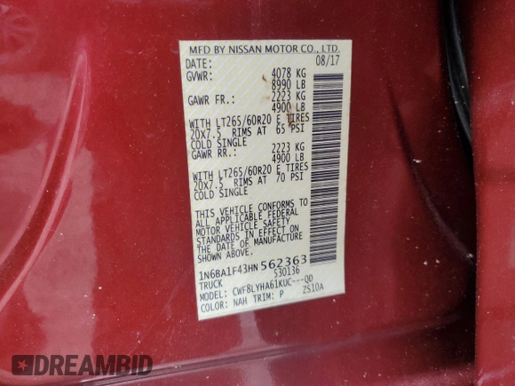 2017 Nissan Titan Pro-4X z VIN 1N6BA1F43HN562363, wystawiony jako Copart lot #58604115 z przebiegiem 102 412 mil mil oraz Czysty tytuł • Clean title. Historia ofert i sprzedaży dostępna na DreamBid. Obrazek 12.
