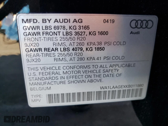 2019 Audi e-tron Premium Plus z VIN WA1LAAGEXKB011980, wystawiony jako Copart lot #44631595 z przebiegiem 68 699 mil mil oraz Szkoda całkowita • Salvage title. Historia ofert i sprzedaży dostępna na DreamBid. Obrazek 14.
