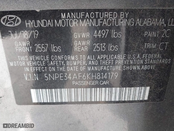 2019 Hyundai Sonata Sport with VIN 5NPE34AF6KH814179, listed as a IAAI auction lot 41787096 with 121,460 mi miles. Bid and sale history available at carsss.com. Image 9.