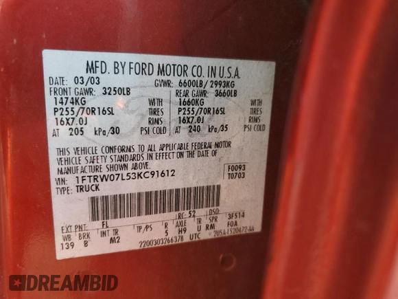 2003 Ford F-150 XLT with VIN 1FTRW07L53KC91612, listed as a Copart auction lot 43757265 with 169,886 mi miles and Salvage Title. Bid and sale history available at carsss.com. Image 12.