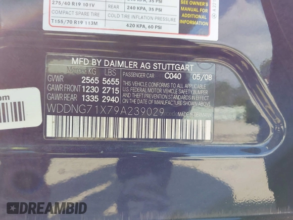 2009 Mercedes-Benz S 550 with VIN WDDNG71X79A239029, listed as a IAAI auction lot 42176872 with 213,721 mi miles and . Bid and sale history available at DreamBid. Image 9.