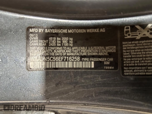 2014 BMW 4 Series 428i xDrive with VIN WBA3N5C56EF716258, listed as a Copart auction lot 52916185 with 106,512 mi miles and Salvage Title. Bid and sale history available at DreamBid. Image 10.