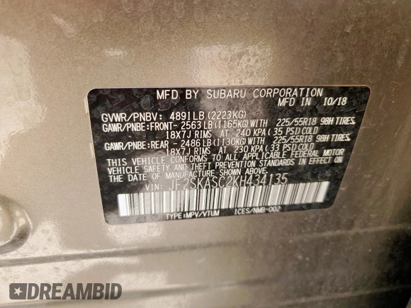 2019 Subaru Forester Limited с VIN JF2SKASC2KH434135, выставлен на аукционе Copart как лот 60417285 с пробегом 90 829 миль миль и Чистый • Clean title. История ставок и продаж доступна на DreamBid. Изображение 13.