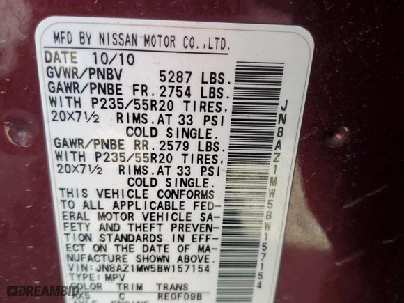 2011 Nissan Murano LE with VIN JN8AZ1MW5BW157154, listed as a Copart auction lot 50010025 with 256,882 mi miles and Salvage Title. Bid and sale history available at carsss.com. Image 13.
