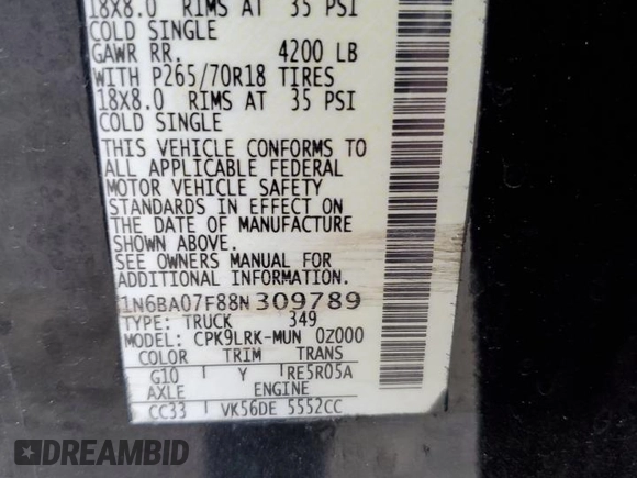 2008 Nissan Titan with VIN 1N6BA07F88N309789, listed as a Copart auction lot 77879284 with 213,835 mi miles and Salvage title. Bid and sale history available at DreamBid. Image 12.