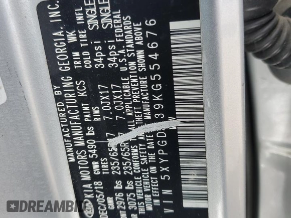 2019 Kia Sorento LX with VIN 5XYPGDA39KG554676, listed as a Copart auction lot 47882225 with 55,448 mi miles and Salvage Title. Bid and sale history available at carsss.com. Image 14.