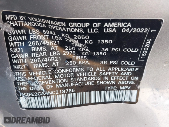 2022 Volkswagen Atlas SEL Premium R-Line with VIN 1V2FE2CA4NC218765, listed as a IAAI auction lot 41103593 with 42,008 mi miles and . Bid and sale history available at DreamBid. Image 9.