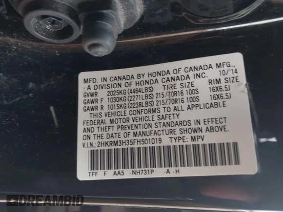 2015 Honda CR-V LX with VIN 2HKRM3H35FH501019, listed as a IAAI auction lot 41014683 with 111,168 mi miles and . Bid and sale history available at carsss.com. Image 9.