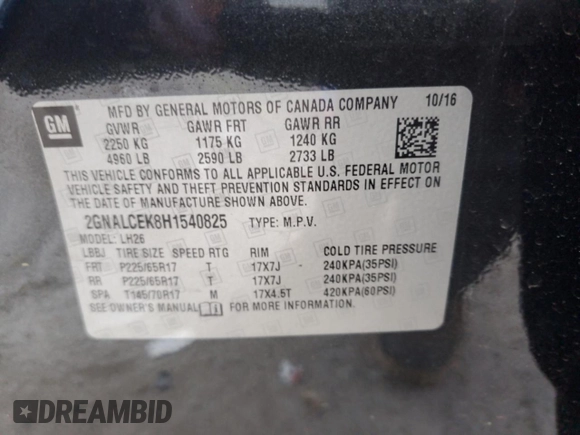 2017 Chevrolet Equinox LT with VIN 2GNALCEK8H1540825, listed as a Copart auction lot 48466125 with 145,894 mi miles and Non Repairable. Bid and sale history available at carsss.com. Image 13.