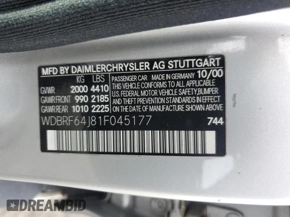 2001 Mercedes-Benz C 320 with VIN WDBRF64J81F045177, listed as a Copart auction lot 71381124 with 93,983 mi miles and Salvage Title. Bid and sale history available at DreamBid. Image 12.