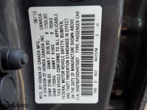 2013 Honda Civic Sdn LX with VIN 2HGFB2F53DH575327, listed as a Copart auction lot 42604245 with 97,670 mi miles and Salvage Title. Bid and sale history available at carsss.com. Image 13.
