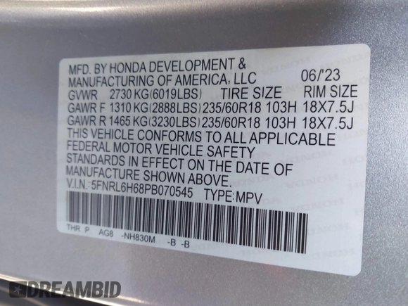 2023 Honda Odyssey EX-L with VIN 5FNRL6H68PB070545, listed as a IAAI auction lot 41331357 with 13,448 mi miles. Bid and sale history available at carsss.com. Image 9.