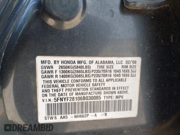 2006 Honda Pilot LX z VIN 5FNYF28106B030085, wystawiony jako IAAI lot #41953259 z przebiegiem Nie podano mil oraz . Historia ofert i sprzedaży dostępna na DreamBid. Obrazek 9.