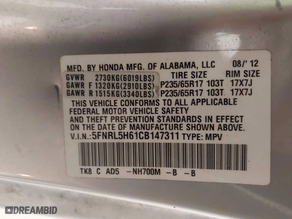 2012 Honda Odyssey EX-L with VIN 5FNRL5H61CB147311, listed as a IAAI auction lot 41607643 with 244,575 mi miles. Bid and sale history available at carsss.com. Image 9.