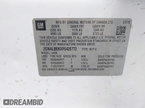 2015 Chevrolet Equinox LT with VIN 2GNALBEKXF6426772, listed as a IAAI auction lot 41860598 with Not Provided miles and . Bid and sale history available at DreamBid. Image 9.