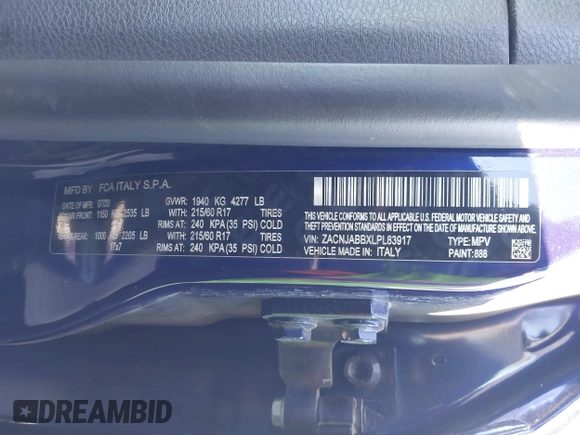 2020 Jeep Renegade Latitude z VIN ZACNJABBXLPL83917, wystawiony jako IAAI lot #41297530 z przebiegiem 41 264 mil mil oraz . Historia ofert i sprzedaży dostępna na DreamBid. Obrazek 9.