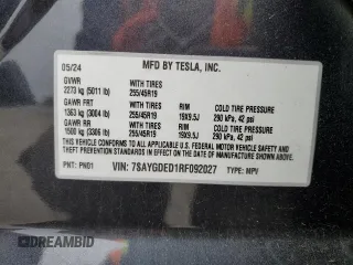 2024 Tesla Model Y с VIN 7SAYGDED1RF092027, выставлен на аукционе Copart как лот 51655485 с пробегом 22 010 миль миль и Списание • Salvage title. История ставок и продаж доступна на DreamBid. Изображение 13.