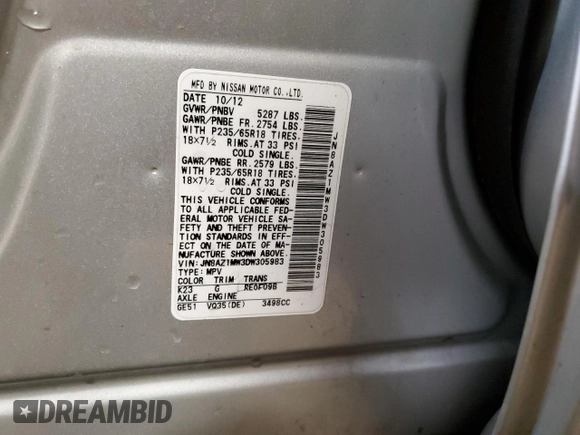 2013 Nissan Murano SV with VIN JN8AZ1MW3DW305983, listed as a Copart auction lot 53306955 with 108,646 mi miles and Salvage Title. Bid and sale history available at carsss.com. Image 12.