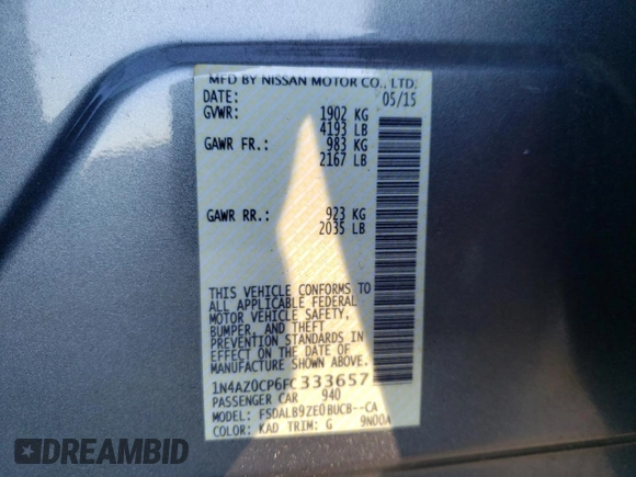 2015 Nissan LEAF SV with VIN 1N4AZ0CP6FC333657, listed as a Copart auction lot 40755843 with 84,701 mi miles. Bid and sale history available at carsss.com. Image 12.