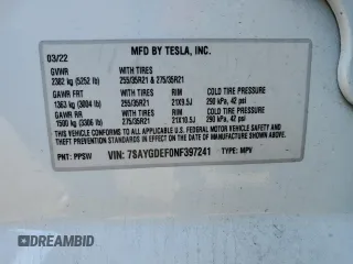 2022 Tesla Model Y Performance with VIN 7SAYGDEF0NF397241, listed as a Copart auction lot 46488005 with 37,422 mi miles and Salvage Title. Bid and sale history available at DreamBid. Image 12.