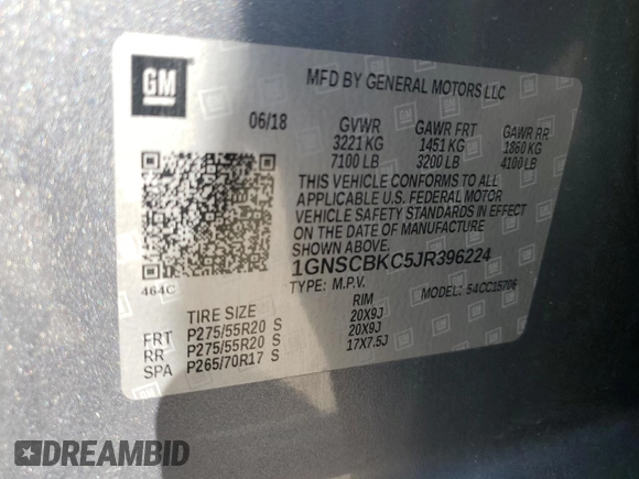 2018 Chevrolet Tahoe LT with VIN 1GNSCBKC5JR396224, listed as a Copart auction lot 56687355 with 88,423 mi miles and Salvage title. Bid and sale history available at DreamBid. Image 13.