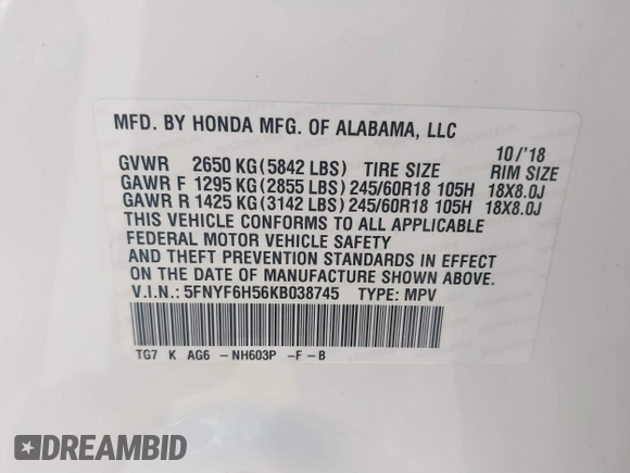 2019 Honda Pilot EX-L with VIN 5FNYF6H56KB038745, listed as a IAAI auction lot 41655643 with 29,712 mi miles. Bid and sale history available at carsss.com. Image 9.