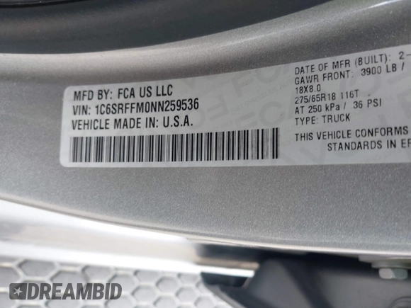 2022 Ram 1500 Big Horn with VIN 1C6SRFFM0NN259536, listed as a IAAI auction lot 42044321 with 49,133 mi miles and . Bid and sale history available at DreamBid. Image 9.