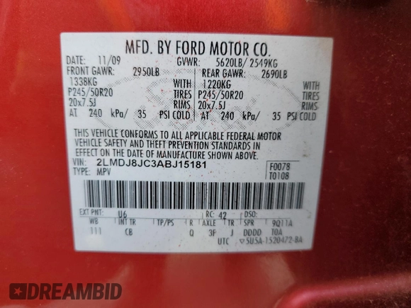 2010 Lincoln MKX z VIN 2LMDJ8JC3ABJ15181, wystawiony jako Copart lot #57303055 z przebiegiem 145 594 mil mil oraz Szkoda całkowita • Salvage title. Historia ofert i sprzedaży dostępna na DreamBid. Obrazek 12.
