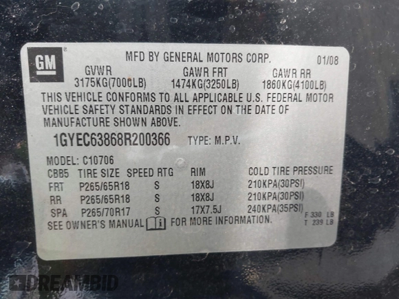 2008 Cadillac Escalade with VIN 1GYEC63868R200366, listed as a IAAI auction lot 41820968 with 190,559 mi miles. Bid and sale history available at carsss.com. Image 9.