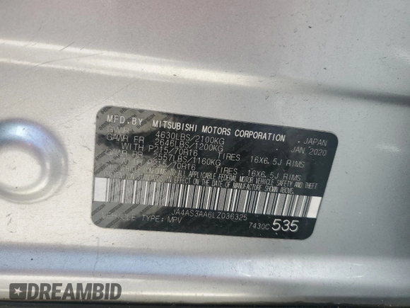 2020 Mitsubishi Eclipse Cross ES z VIN JA4AS3AA6LZ036325, wystawiony jako Copart lot #51579455 z przebiegiem 109 335 mil mil oraz Szkoda całkowita • Salvage title. Historia ofert i sprzedaży dostępna na DreamBid. Obrazek 12.