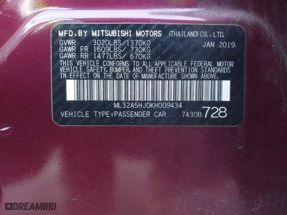 2019 Mitsubishi Mirage GT with VIN ML32A5HJ0KH009434, listed as a IAAI auction lot 41298546 with 39440 miles. Bid and sale history available at carsss.com. Image 9.