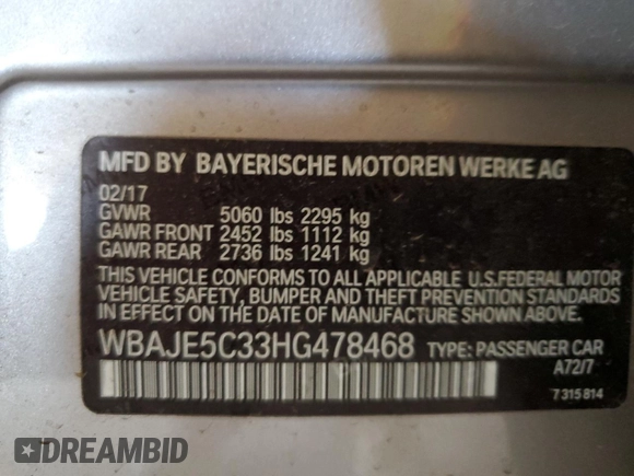 2017 BMW 5 Series 540i with VIN WBAJE5C33HG478468, listed as a Copart auction lot 52218685 with 99,715 mi miles and Clean Title. Bid and sale history available at carsss.com. Image 12.