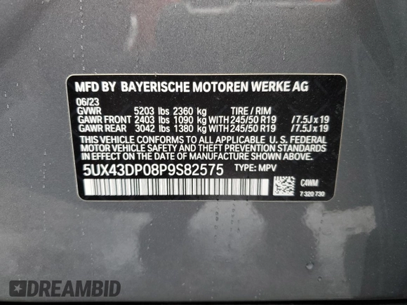 2023 BMW X3 sDrive30i with VIN 5UX43DP08P9S82575, listed as a Copart auction lot 47843655 with 4,696 mi miles and Salvage Title. Bid and sale history available at DreamBid. Image 13.