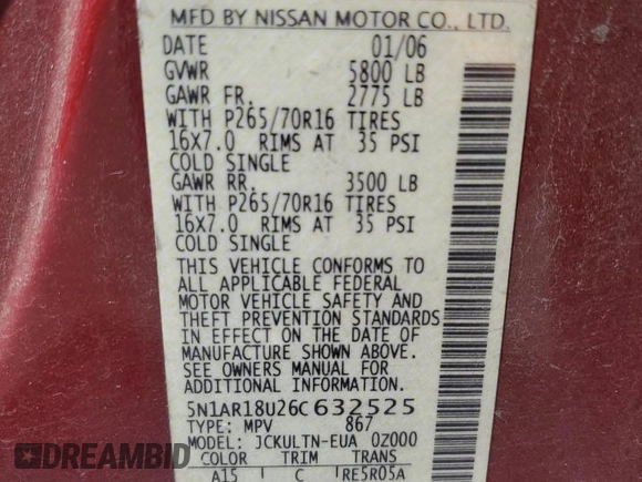 2006 Nissan Pathfinder SE with VIN 5N1AR18U26C632525, listed as a Copart auction lot 60051105 with 239,388 mi miles and Clean title. Bid and sale history available at DreamBid. Image 13.
