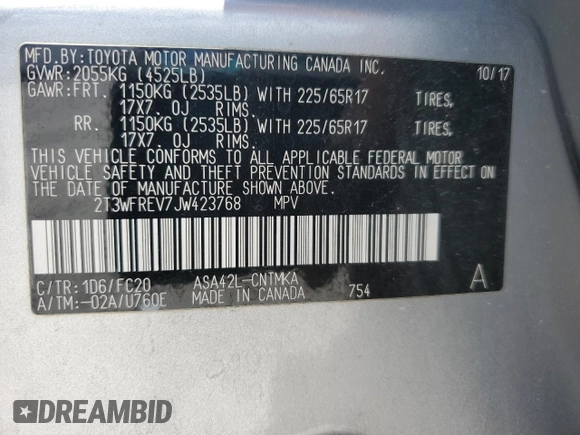 2018 Toyota RAV4 XLE with VIN 2T3WFREV7JW423768, listed as a Copart auction lot 61841875 with 111,991 mi miles and Salvage title. Bid and sale history available at DreamBid. Image 13.