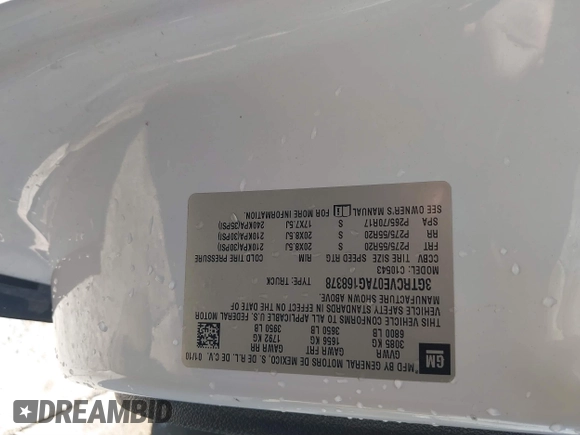 2010 GMC Sierra 1500 SLE z VIN 3GTRCVE07AG168378, wystawiony jako IAAI lot #41648188 z przebiegiem Nie podano mil oraz . Historia ofert i sprzedaży dostępna na DreamBid. Obrazek 9.