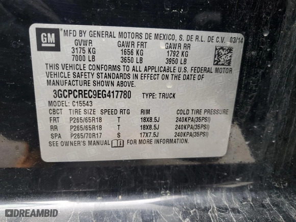 2014 Chevrolet Silverado 1500 LT with VIN 3GCPCREC9EG417780, listed as a Copart auction lot 48992355 with 140,121 mi miles and Clean Title. Bid and sale history available at carsss.com. Image 12.